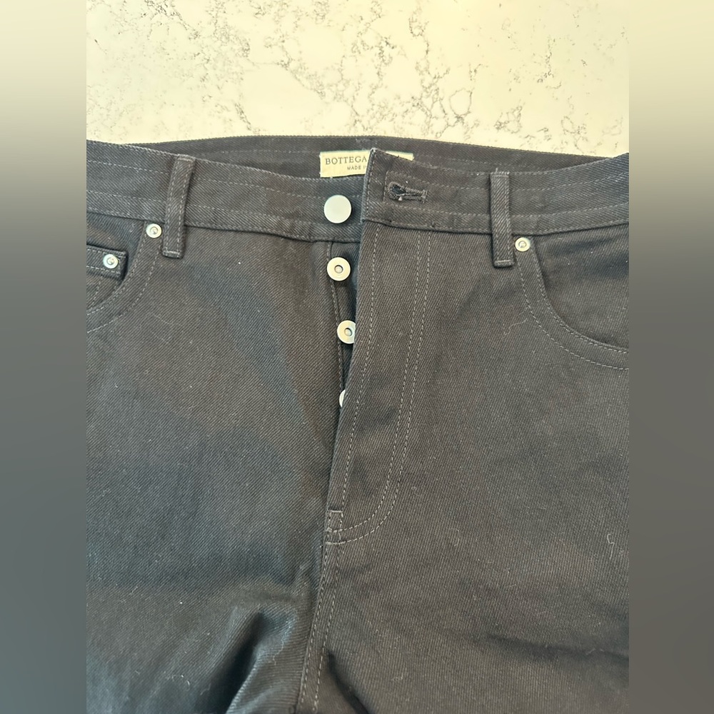 Bottega Venetta men's black jeans with padding detail on knee and bottom of leg